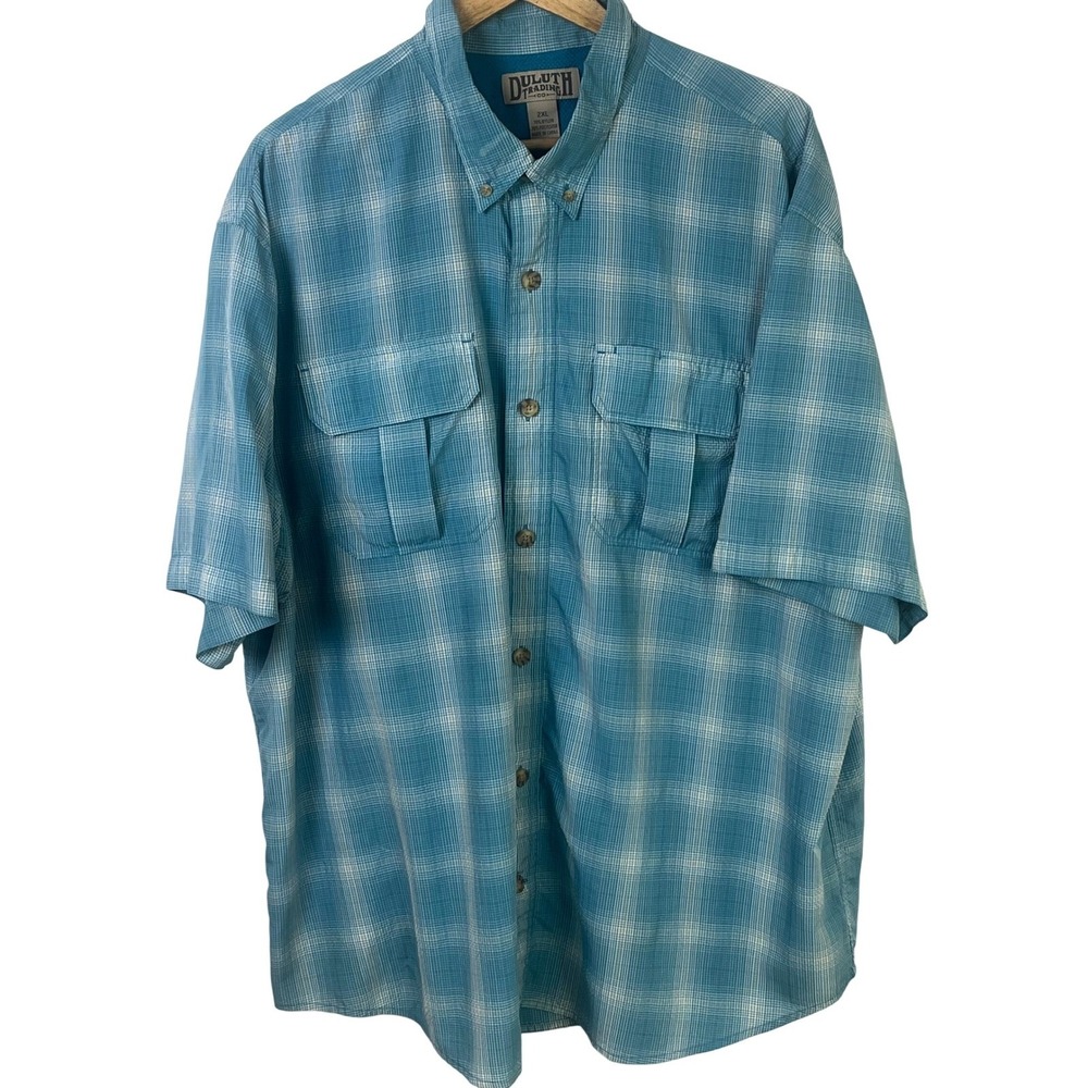 Duluth Aqua Blue Check Fishing Hiking Camping Shirt Short Sleeves Size 2XL Men's